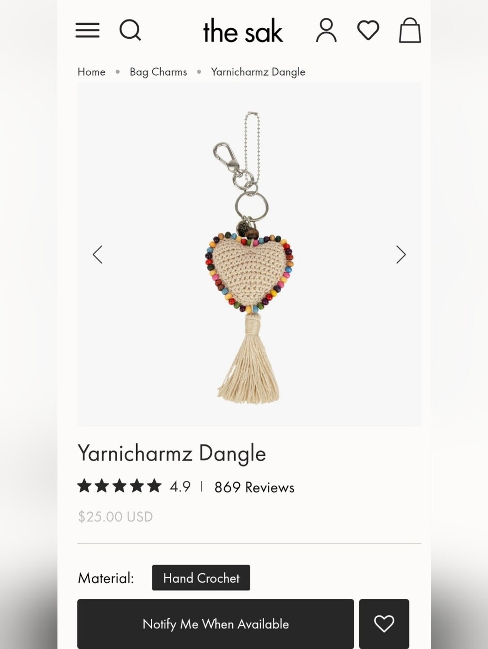 The Sak Natural Heart Crochet bag Charm NWT
